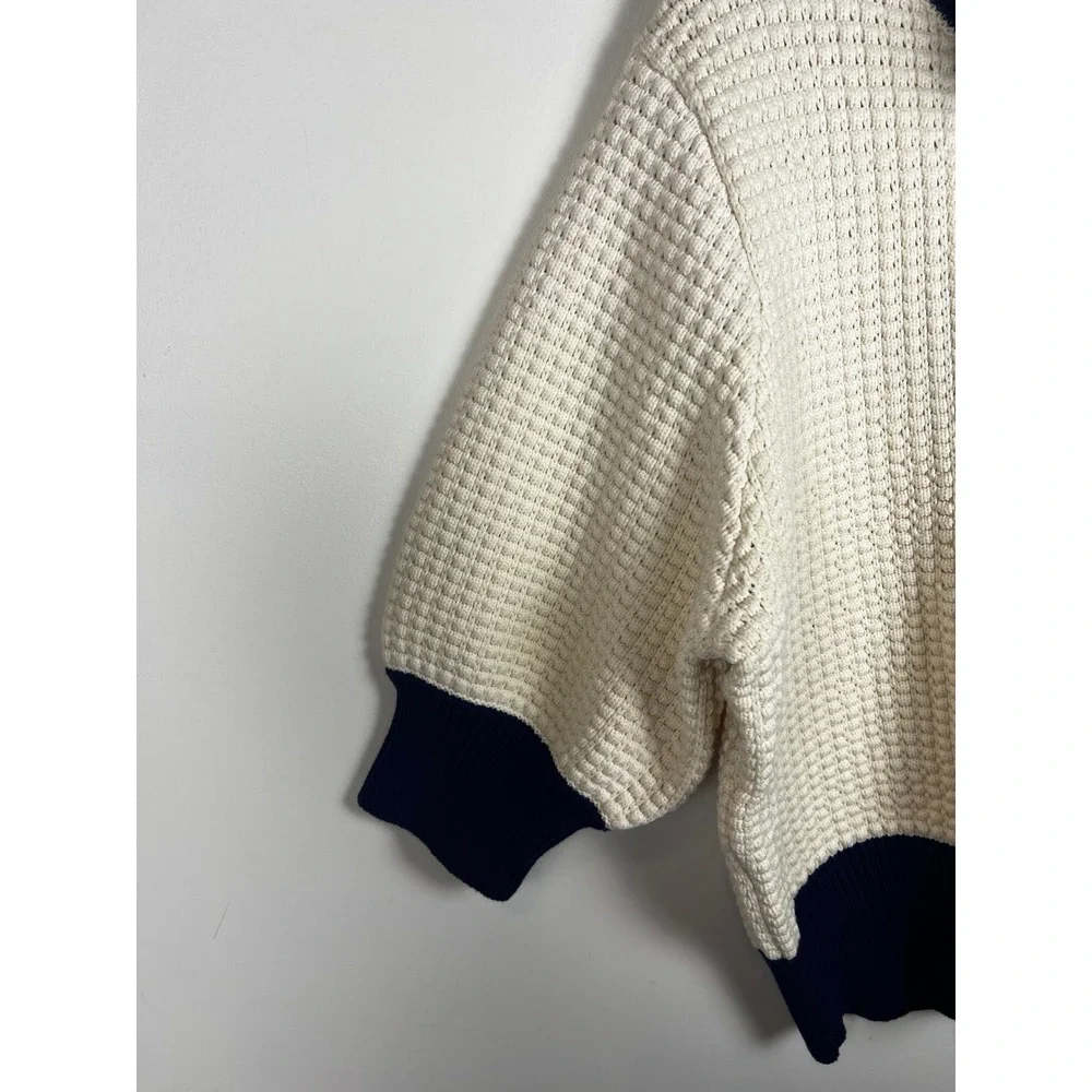STAUD Altea Cream Navy Waffle Knit Polo Sweater Size L‎ NWT